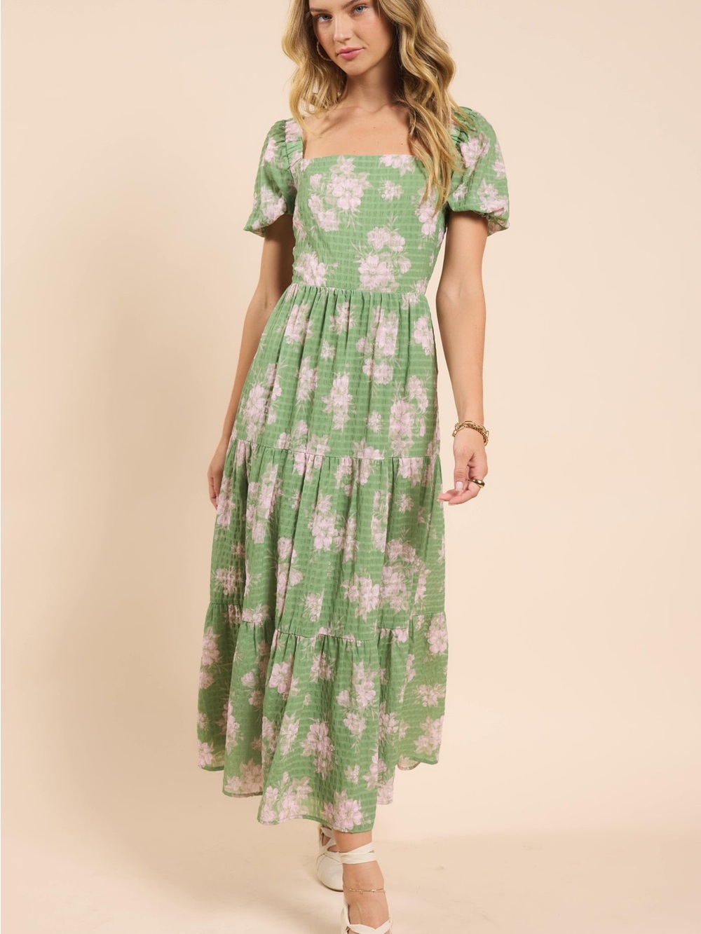 Sadie & Sage (ANTHRO)✨Green Floral Square-Neck Maxi Dress with Puff Sleeves